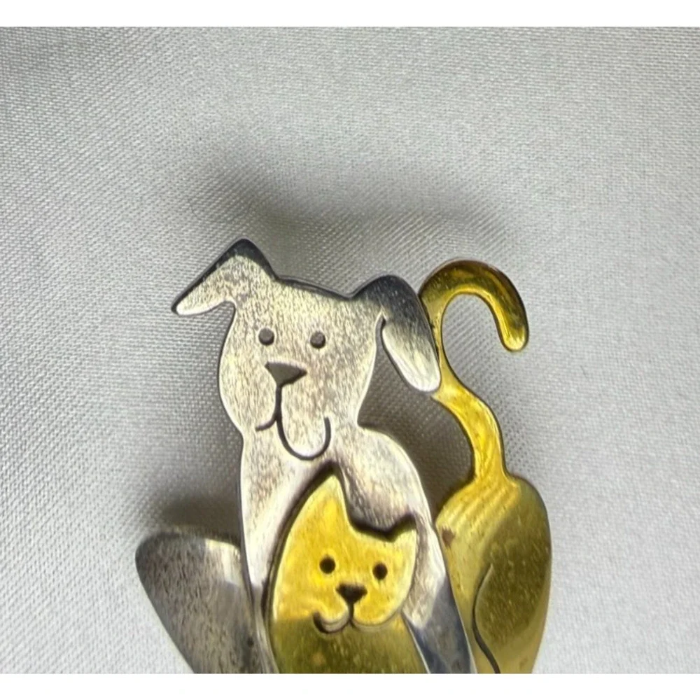 Vintage Far Fetched Cat and Dog Stick Pin Mixed Metal Brass Silver Tone Artisan